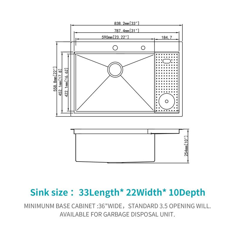 33 Inch Drop-in Single Bowl 16 Gauge Stainless Steel Kitchen Sink with Cup Washer in Brushed Nickel - 33'' x 22'' x 10''