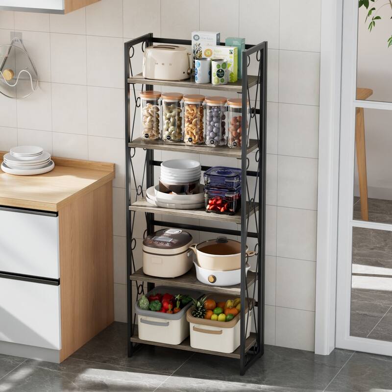 VECELO 62" Foldable 5-Tier Bookshelf Space Saving Tall Open Bookcase with MDF Shelves for Living Room Home Office Kitchen