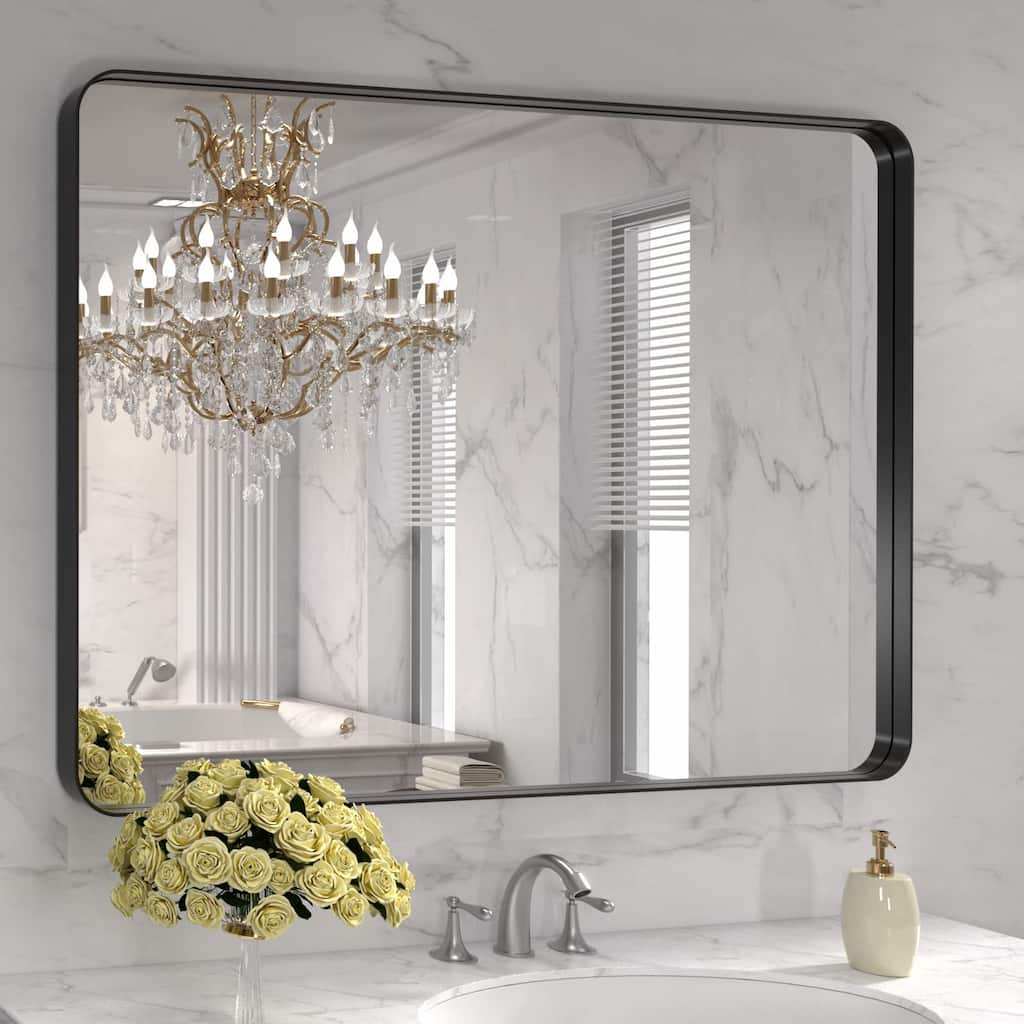 40x32 Inch Black Aluminium Frame Bathroom Mirror, for Living Room Bedroom Cloakroom