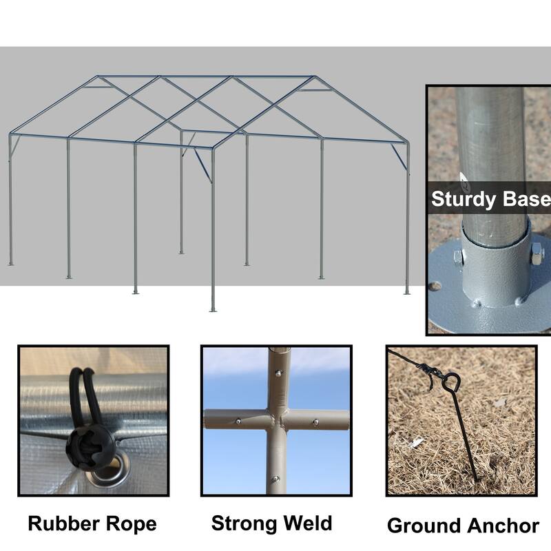 Grey Galvanized Steel 180g PE Waterproof Carport Garage with Windows