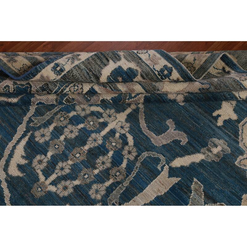 Hand Knotted Oriental 100% Wool Carpet Transitional All-Over Navy Blue & Blues Oushak Area Rug - 12' 4'' X 8' 11''