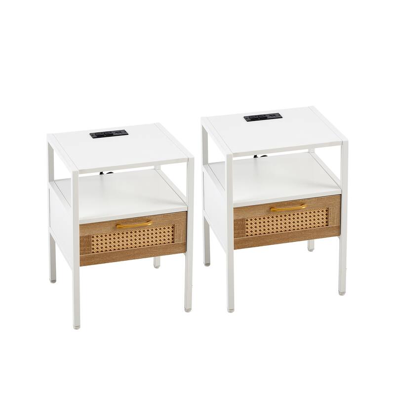Rattan 1 drawer Nightstand with Power Outlet and USB Ports