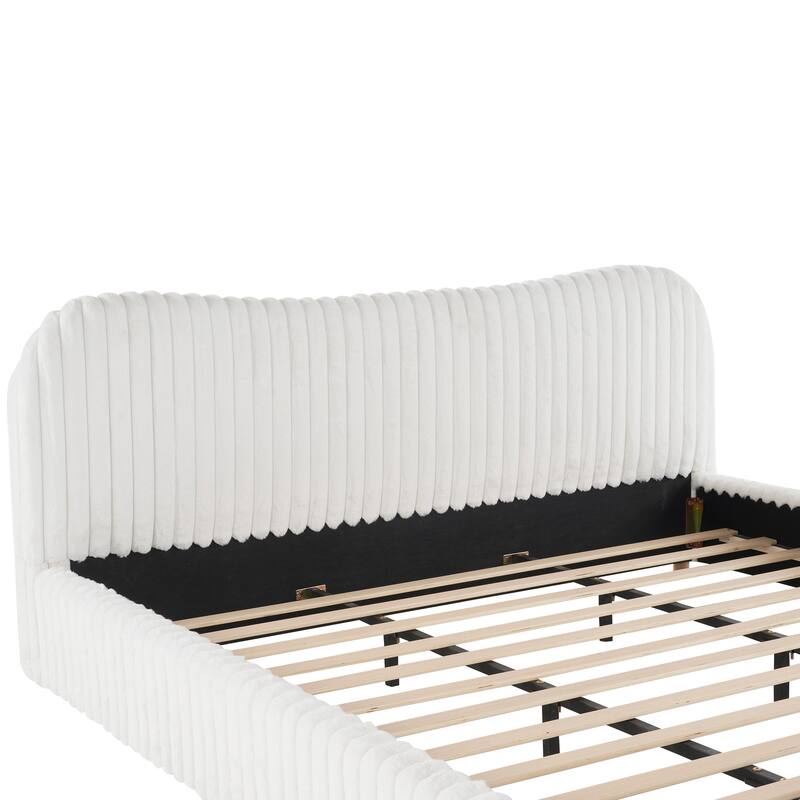 Sleek White Boucle Upholstered Bed, Solid Rubberwood Platform Bed Frame with Wavy Headboard and Vertical Stitching