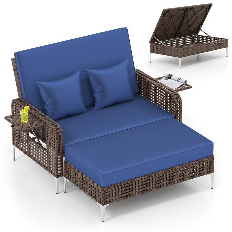 Gymax 2PCS Wicker Loveseat & Storage Ottoman w/ 4-Level Backrest &