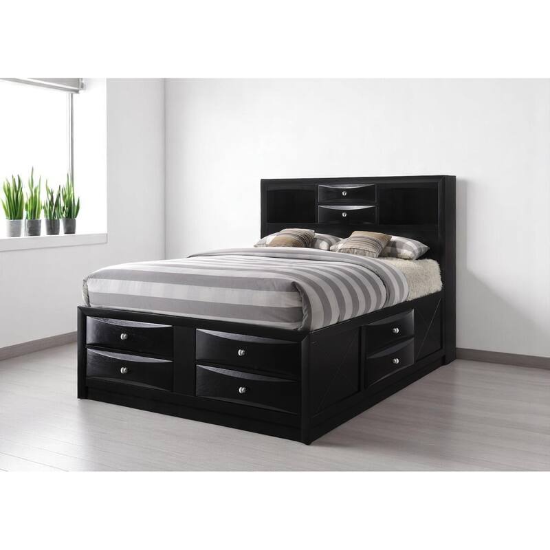 Queen Size Solid Wood Platform Storage Bed with 8 Drawers and Bookcase Headboard – No Box Spring Needed