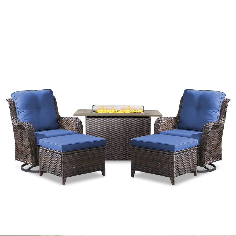 Fire Pit Table with Patio Glider Chairs Ottomans Grey-Blue - Grey - Grey - Blue