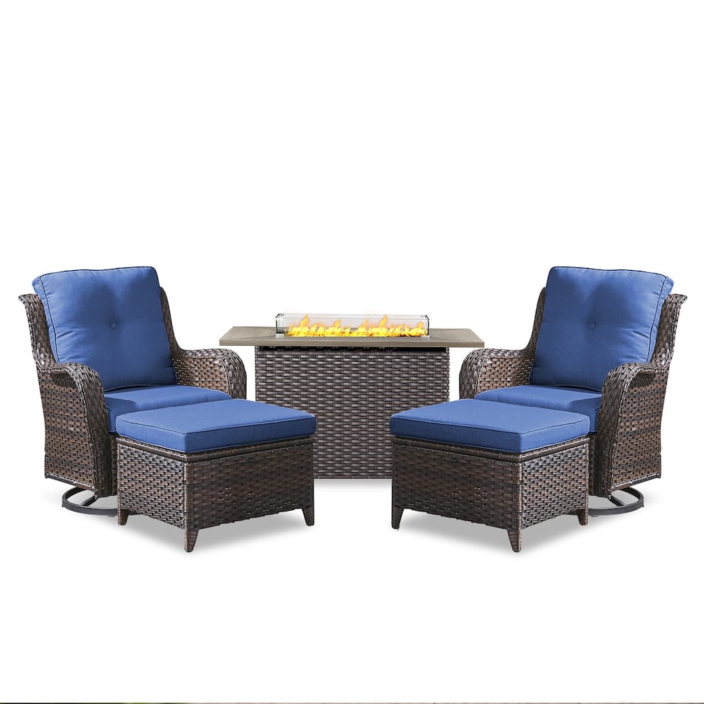 Fire Pit Table with Patio Glider Chairs Ottomans Grey-Blue - Grey