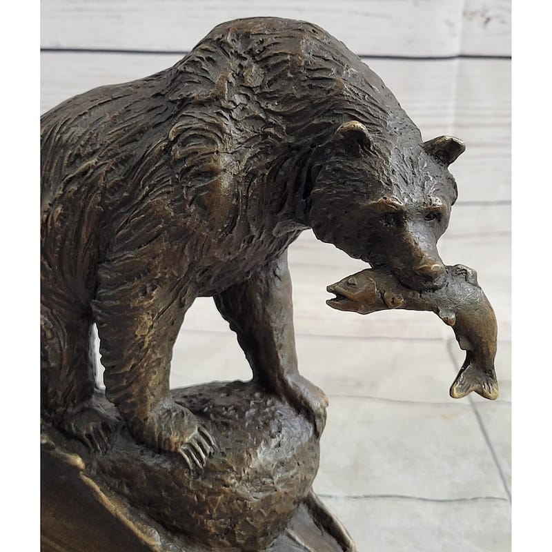 Bear With Fish In Mouth Bronze Metal Sculpture Statue Wildlife Decor Art Marble Base