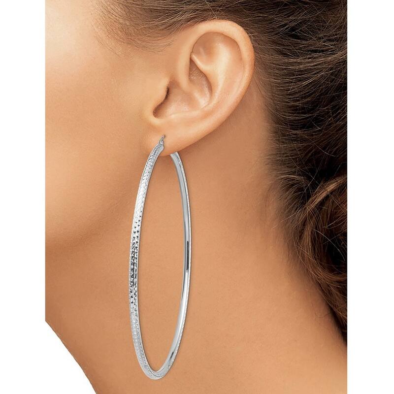 Curata 14k White Gold Lightweight 3mm Sparkle Cut Hoop Earrings - 92.68x89.88mm Wide 3mm Thick