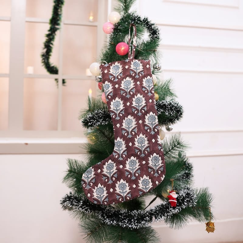 Fabdivine 16x6.5 Inches Hand Floral Block Print Christmas Stockings Tassle and Loop Perfect for Gift - 16"X6.5"