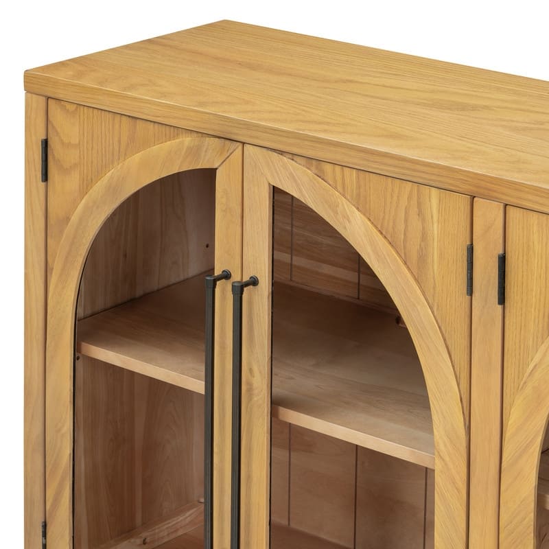Retro Style Wood Buffet Sideboard with 4 Arched Glass Doors, Kitchen Storage Side Cabinet with Adjustable Shelves