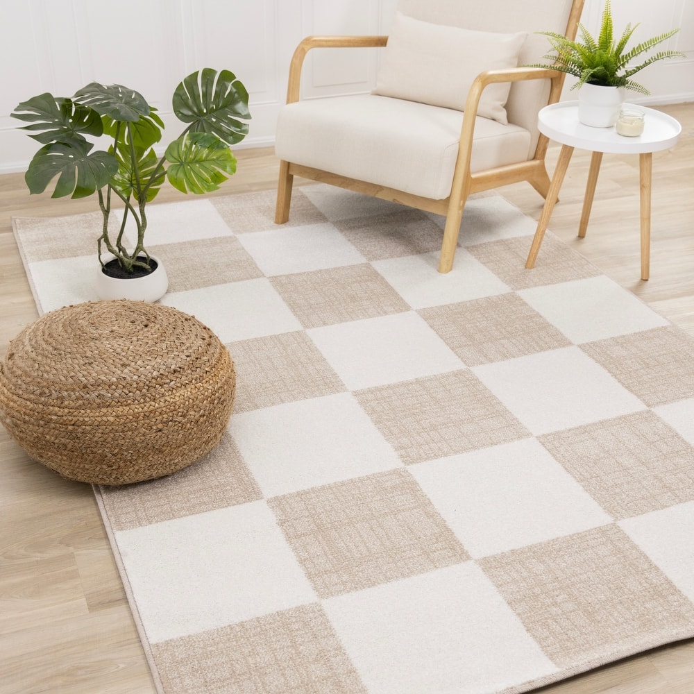 Modern Neutral Checkerboard Rug in Cream Beige