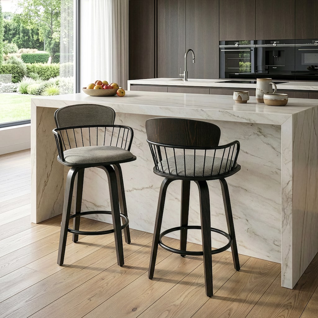 Set of 2 Baker Gray Fabric Counter Stool with Black Iron Back and Wood Legs