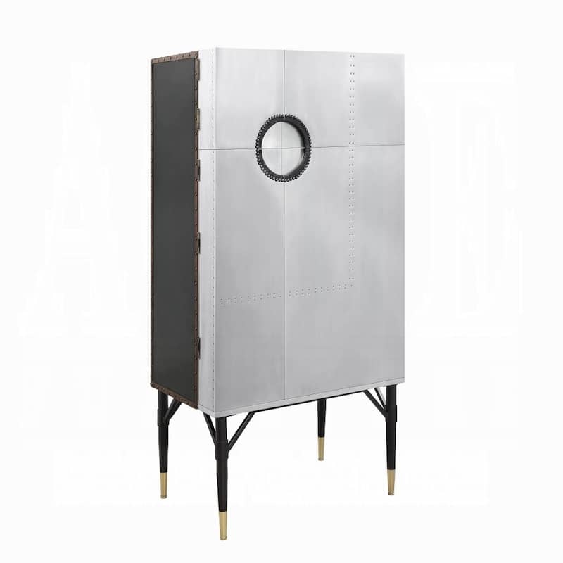 Wine Cabinet, Industrial Retro Chrome Metal, 65 Inch, Silver and Black