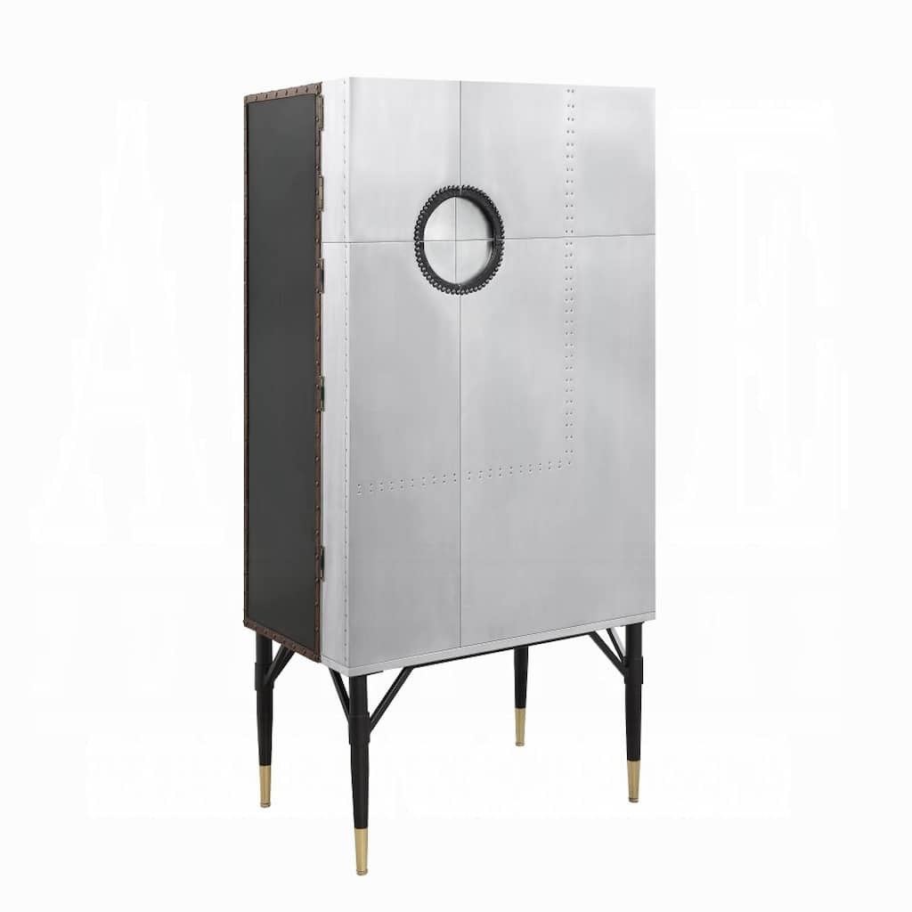 Wine Cabinet, Industrial Retro Chrome Metal, 65 Inch, Silver and Black