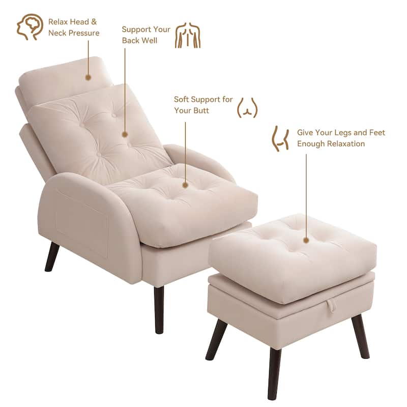 HOMYKA Upholstered Chaise Lounge Chair with Adjustable Backrest Storage Ottoman