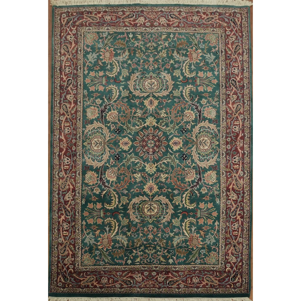 Hand Knotted Oriental 100% Wool Carpet Traditional All-Over Green Kashan Area Rug - 8' 11'' X 6' 1''