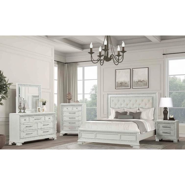 Royal Off White Finish Upholstered Bedroom Furniture Set