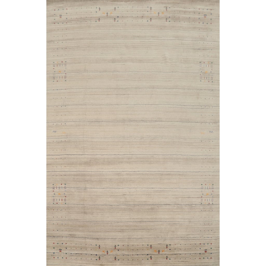 Hand Knotted Oriental Viscose Silk Carpet Tribal Animal Pictorial Beige & Ivories Gabbeh Area Rug - 11' 10'' X 8' 10''
