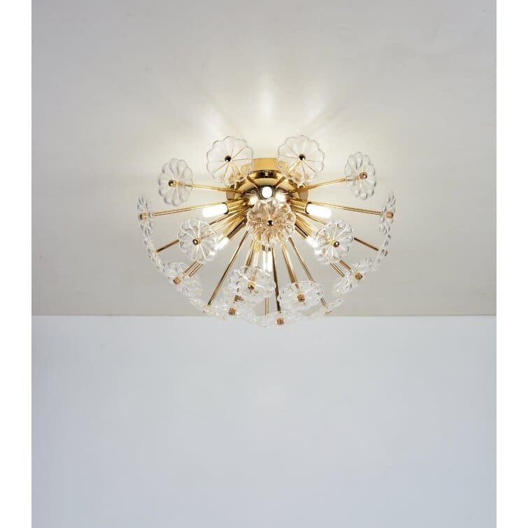 Crystal Flush Mount Ceiling Light Gold Finish 6 G9 Bulb Sockets Petal Design - Golden