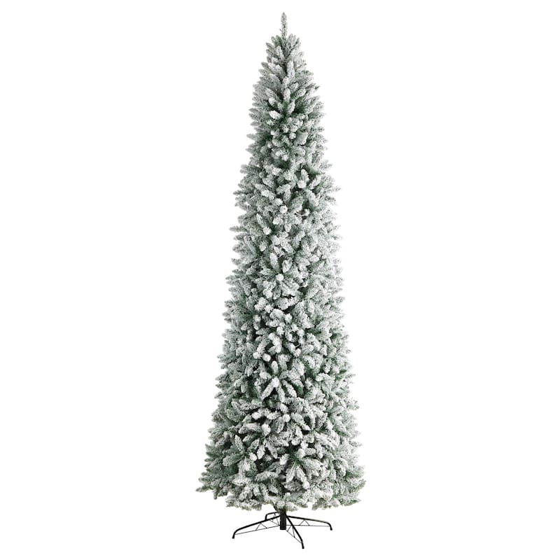 10ft Slim Artificial Christmas Tree with Lights - Winter Fir Tree, Flocked Holiday Decor, Realistic Tree - White - 120