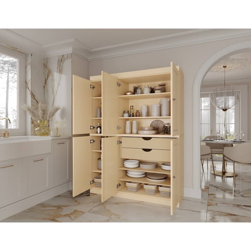 Palace Imports 100% Solid Wood China Pantry with Glass or Solid Wood Doors and 2-Drawers - 48.5" x 71.5" - Yellow - Solid