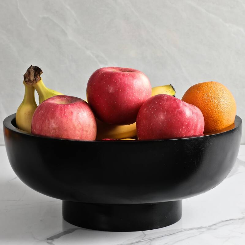Black Wood Fruit Bowl for Kitchen Counter, 12-inch Diameter Large Wooden Fruit Bowl, Natural Wood