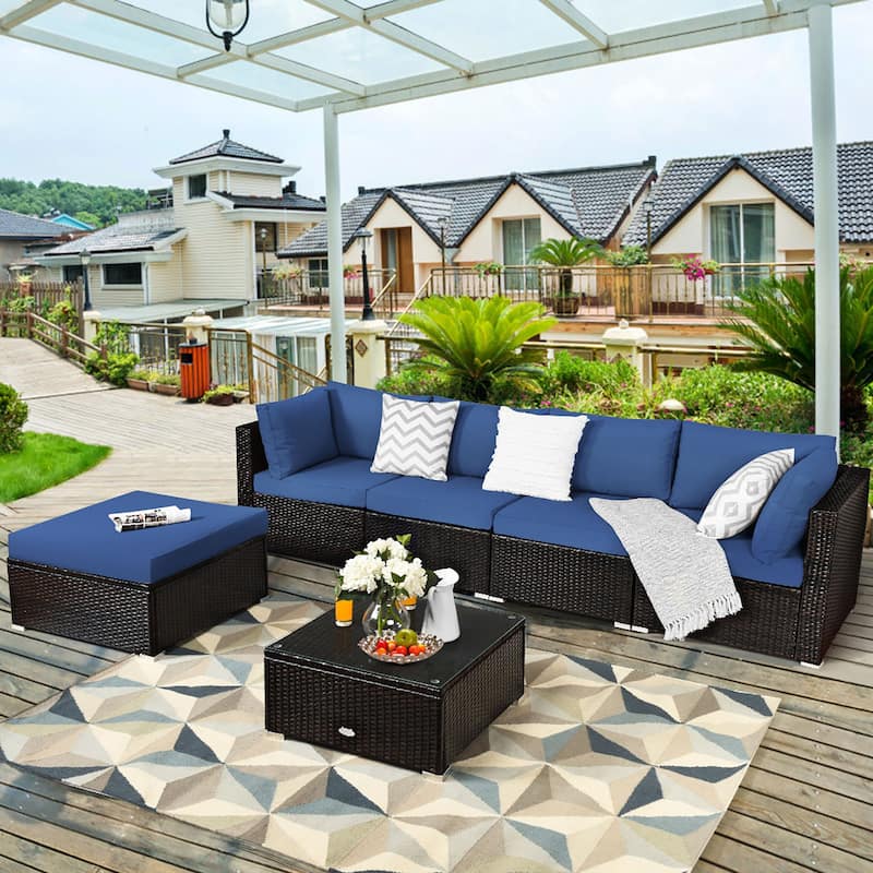 Costway 6PCS Outdoor Patio Rattan Furniture Set Cushioned Sectional - Navy