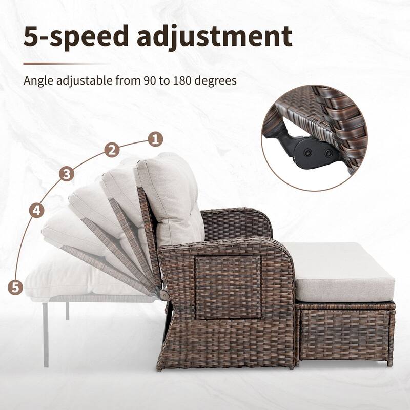 Gymojoy Adjustable Outdoor Wicker Daybed Patio Sofa Bed, 5-Position with Storage Ottoman