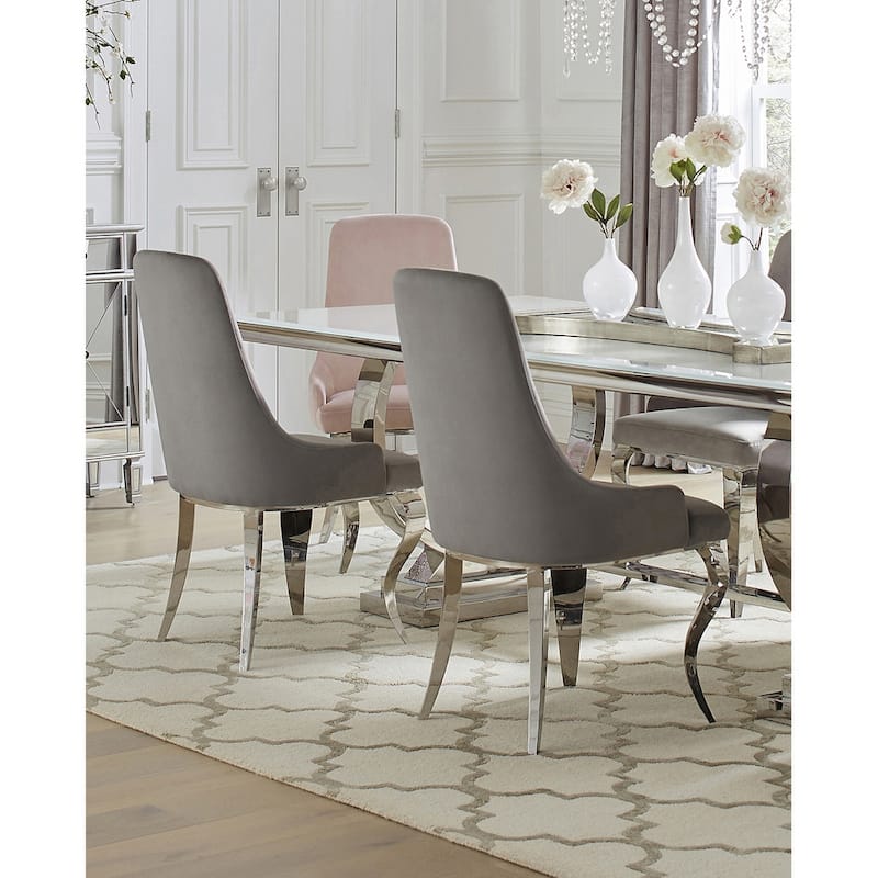 Set of 2 Velvet Upholstered Side Chairs, Grey and Chrome