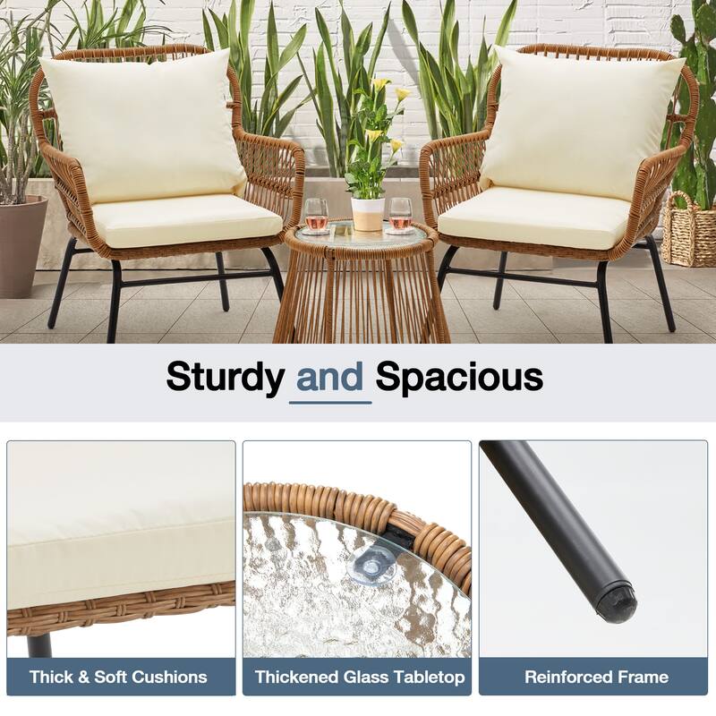 3-Piece Patio Conversation Bistro Set, Outdoor Rattan Furniture Set with Glass Table & 2 Wide Armchairs, Seat Cushions