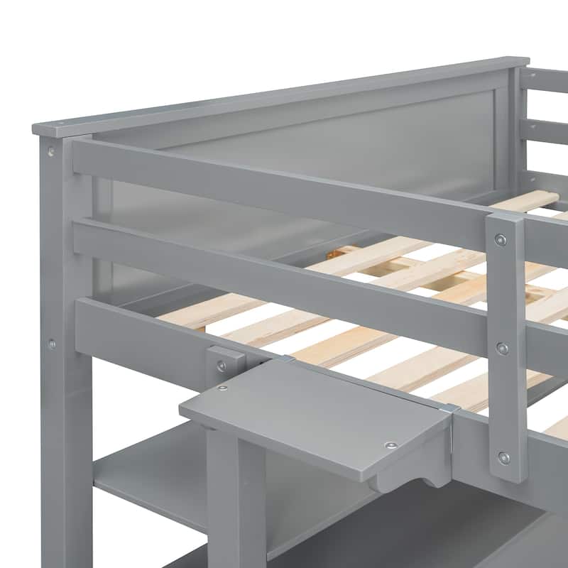 Twin Size Loft Bed Kids Bed Frame Wooden Storage Bed with Desk, Shelves, Pull-out Drawers, Ladder and Guardrail