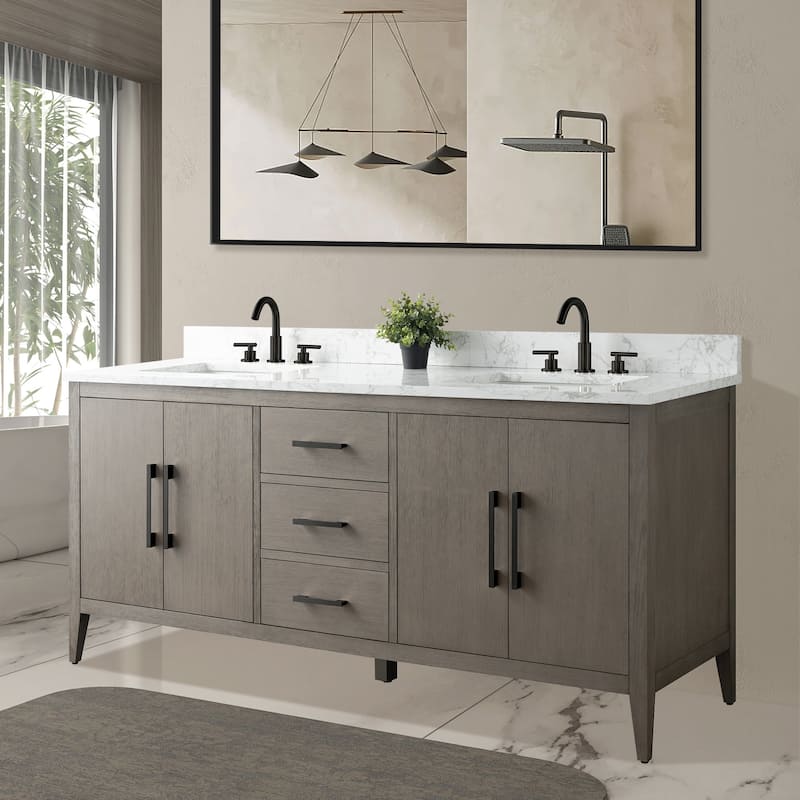 Vanity Art 72" Double Sink Bathroom Vanity Cabinet with Engineered Marble Top