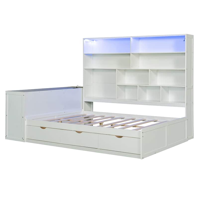 Modern Full Size Wooden Daybed with Built-In Desk, 3 Storage Drawers & Open Compartment Shelving by Harper&Bright Designs