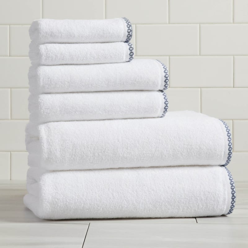 Linery & Co. Quick-Dry Cotton and Decorative Border Towel Set - 6 Piece Set - White / Chambray Blue