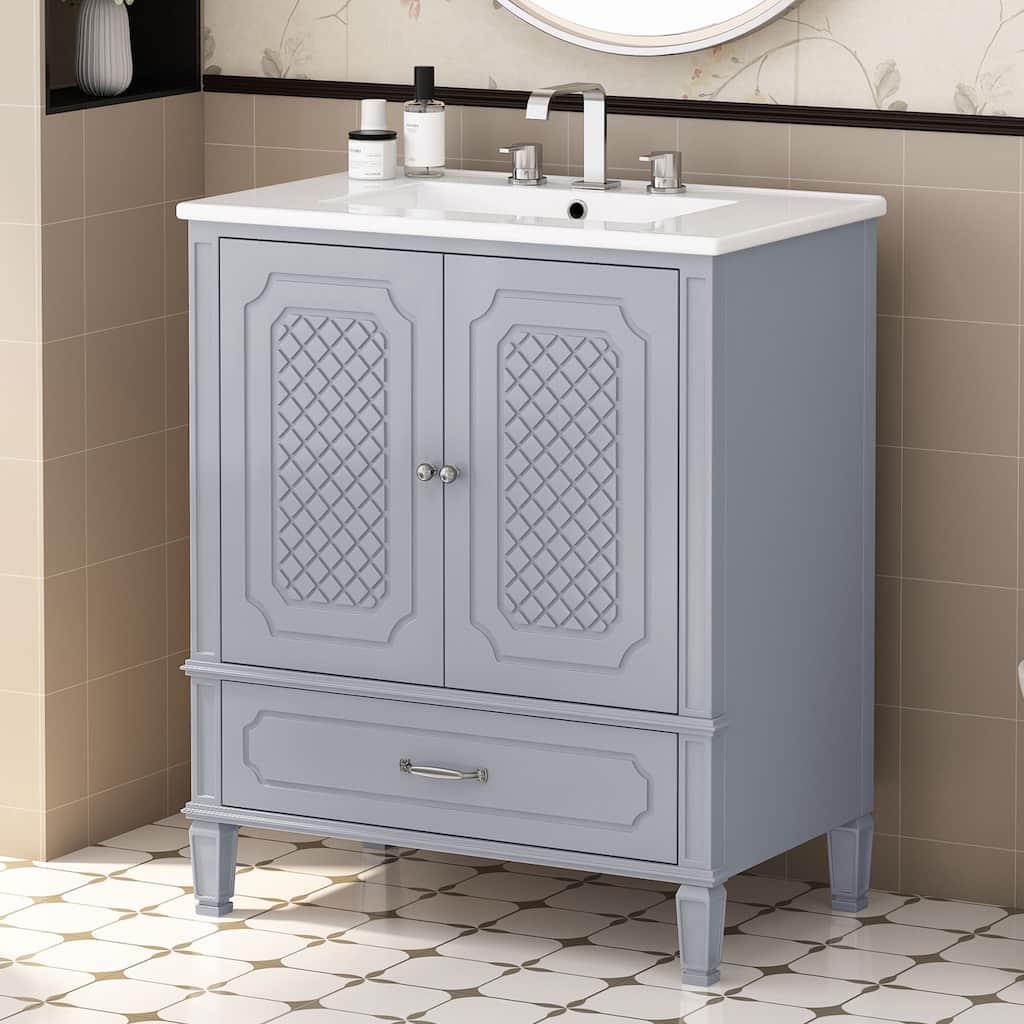Grey 30-Inch Freestanding Vanity Cabinet with Sink, Adjustable Shelf, Storage Drawer, and Painted Finish