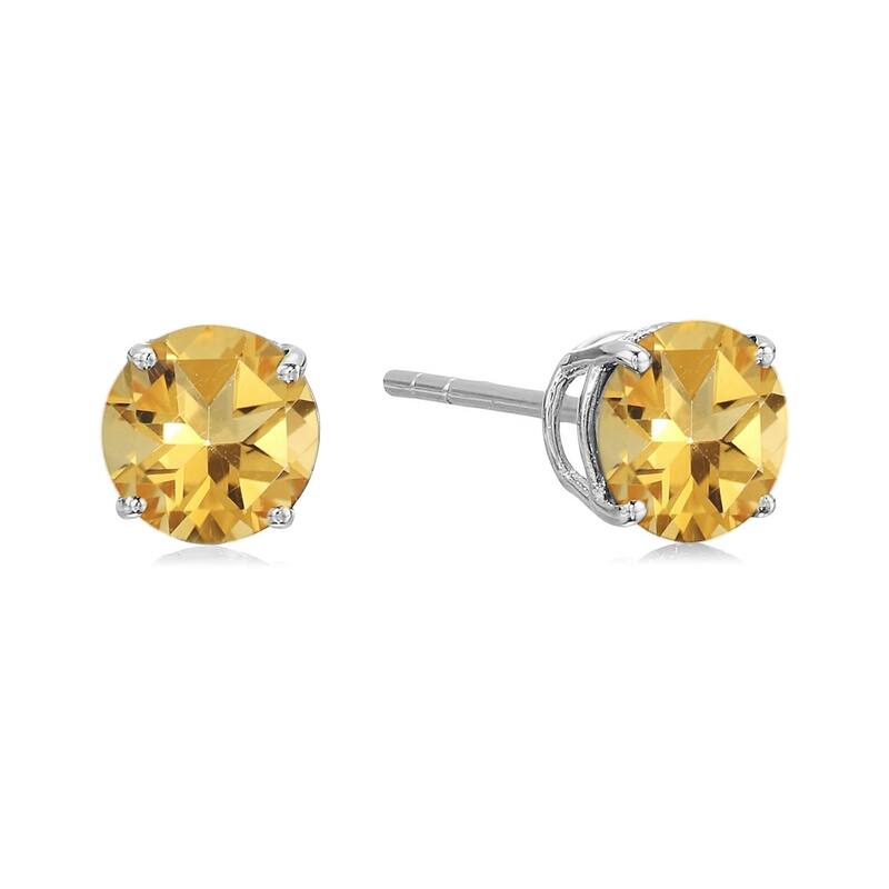 Sterling Silver Round 6mm Gemstone Birthstone Stud Earrings - Yellow - Citrine