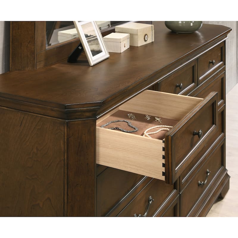 Roundhill Furniture Maderne Traditional Wood Panel Bed with Dresser, Mirror, Nightstand, Chest, Antique Walnut Finish