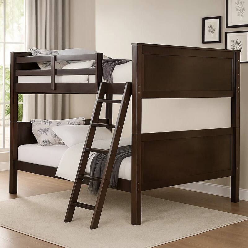Zedy Full over Full Bunk Bed, Guardrails and Ladder, Walnut Brown