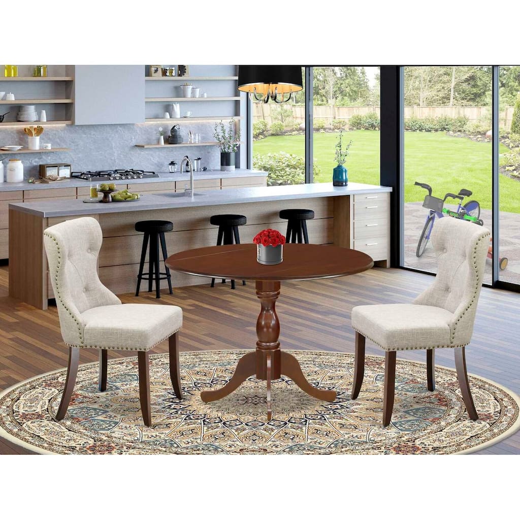 3-Piece Mahogany Finish Solid Wood Top - Button Tufted Dining Room Set - Seats 4
