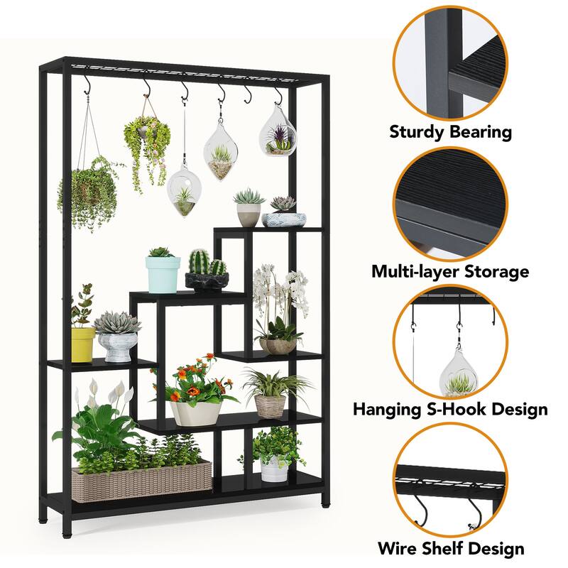 5-Tier Tall Indoor Plant Stand, Large Plant Shelf with 10PC S Hanging Hooks