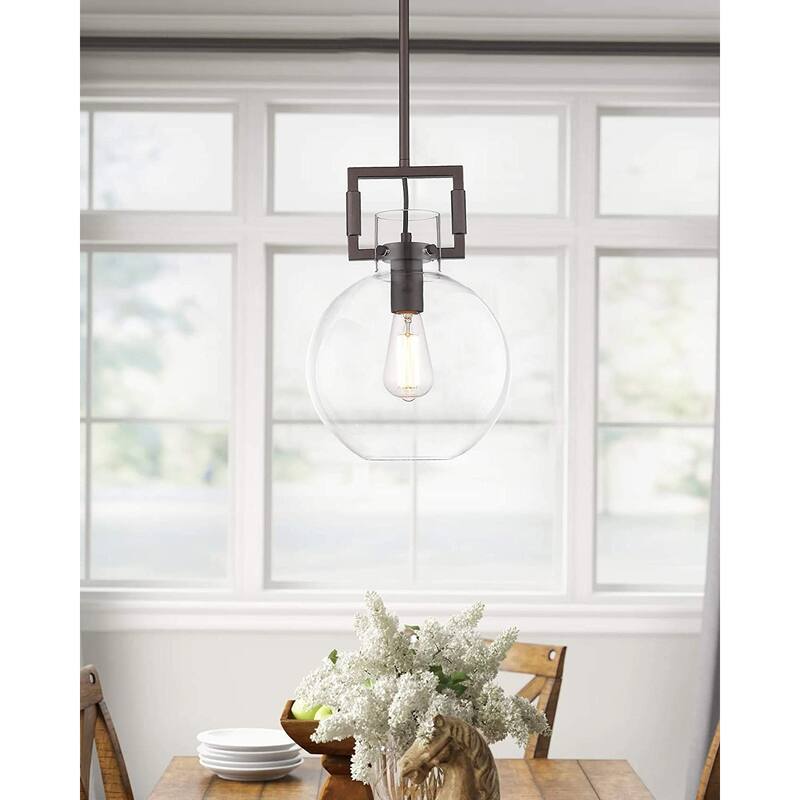Farmhouse Glass Globe Pendant Light Fixture, Schoolhouse Hanging Light Fixture with Adjustable Height, Oil-Rubbed Bronze