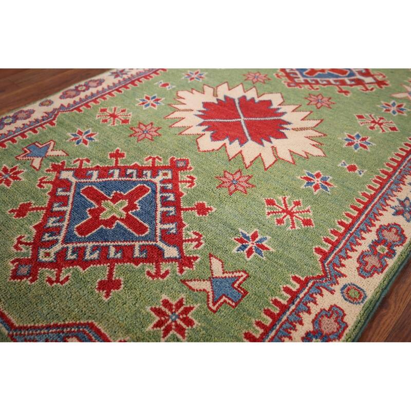 Light Green Kazak Oriental Foyer Rug Hand-Knotted Wool Carpet - 2'9" x 4'1"