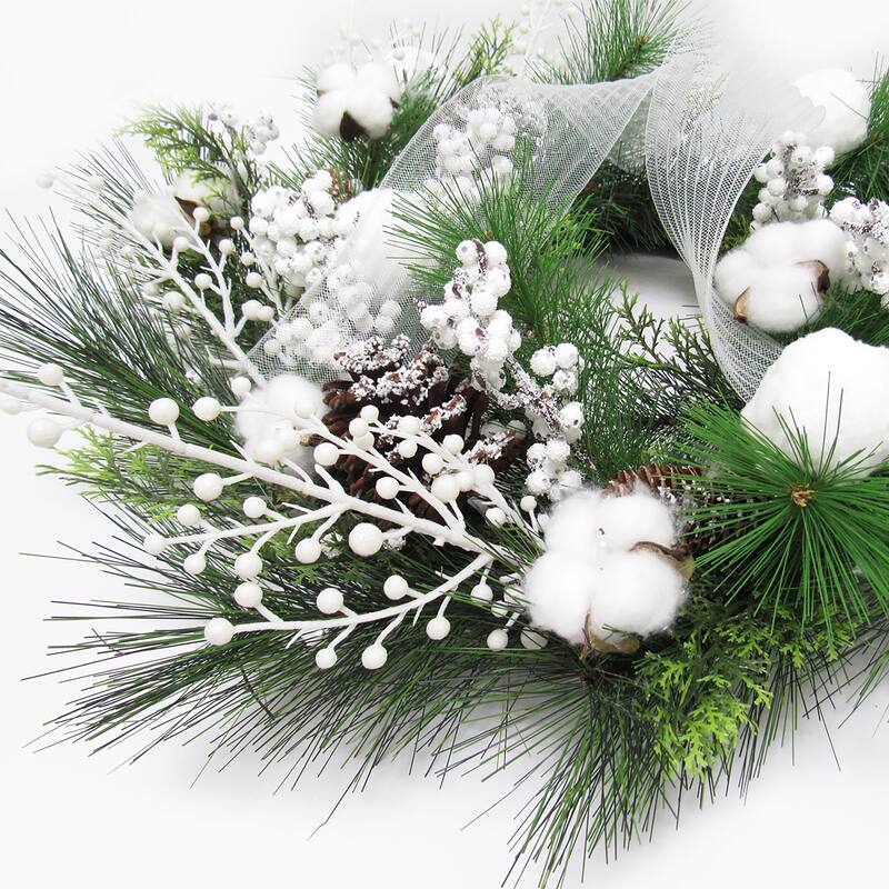 Artificial Frosty Cotton Berry Pine Cone & Pine Christmas Wreath 24in - 24" L x 24" W x 6" DP
