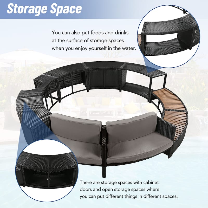 Outdoor Surround Spa Sofa Set with Storage Spaces, Mini Sofa and Cushions, All Weather Round Sectional Sofa, Free Combination