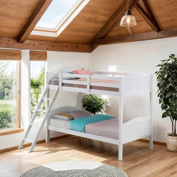 slide 2 of 24, Twin over Twin Bunk Bed with Camelback Headboard & Guardrails, White White