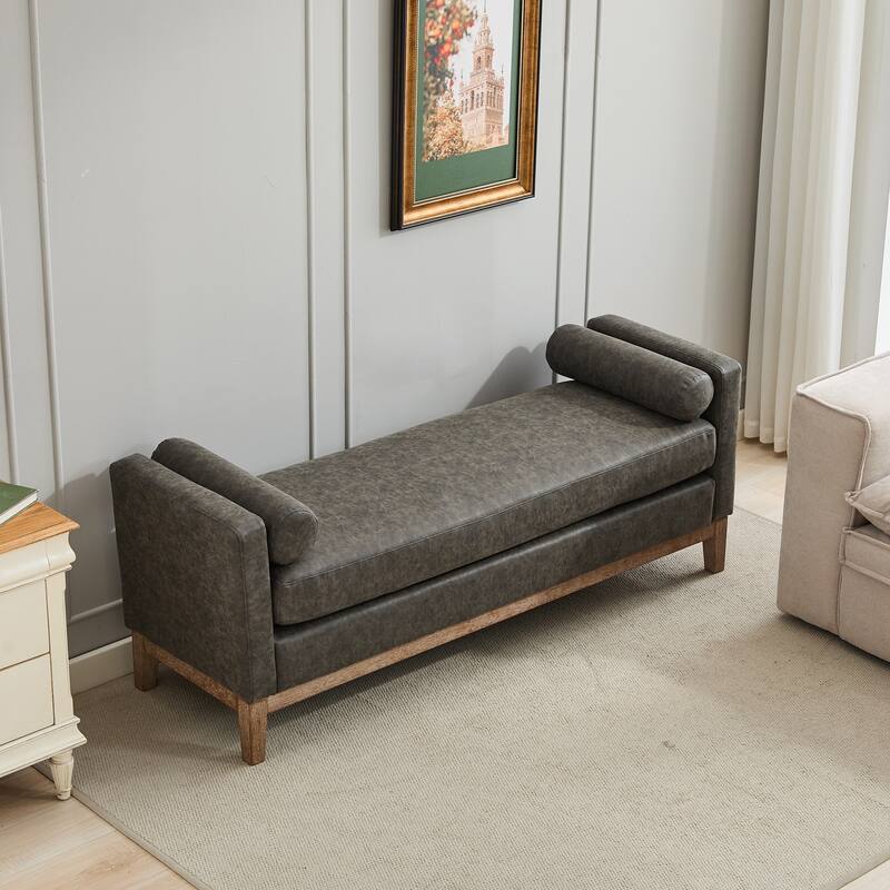 Roomfitters 66.34" Upholstered Bench Daybed with Fluted Wood Legs and 2 Bolster Pillows, Bedroom