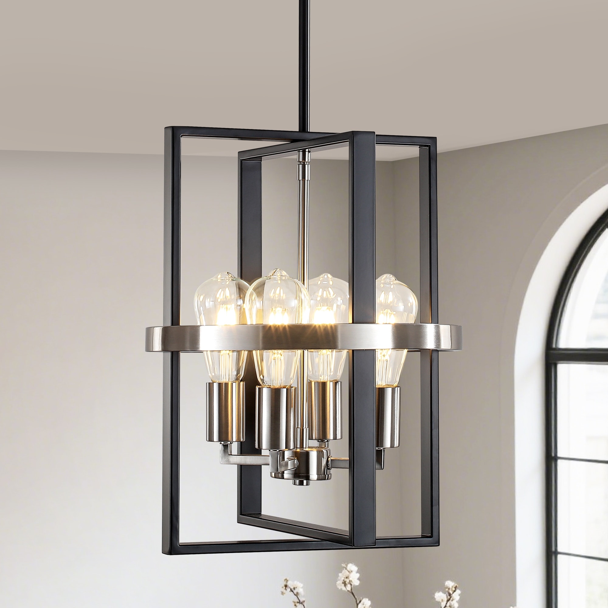 Zjvaive Farmhouse 4-Light Matte Black Square Frame Candle Style Chandelier for Kitchen Island