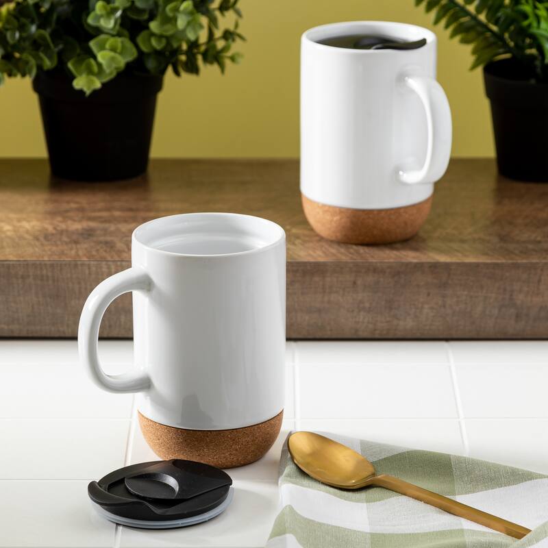 Gibson Home Modani 2 Pack Large 16.5 OZ Ceramic Mugs Set with Removable Cork Bottom and Lid