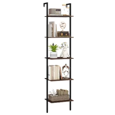 Rustic Brown Engineered Wood Ladder Bookshelf with Metal Frame - 17" x 12" x 70"